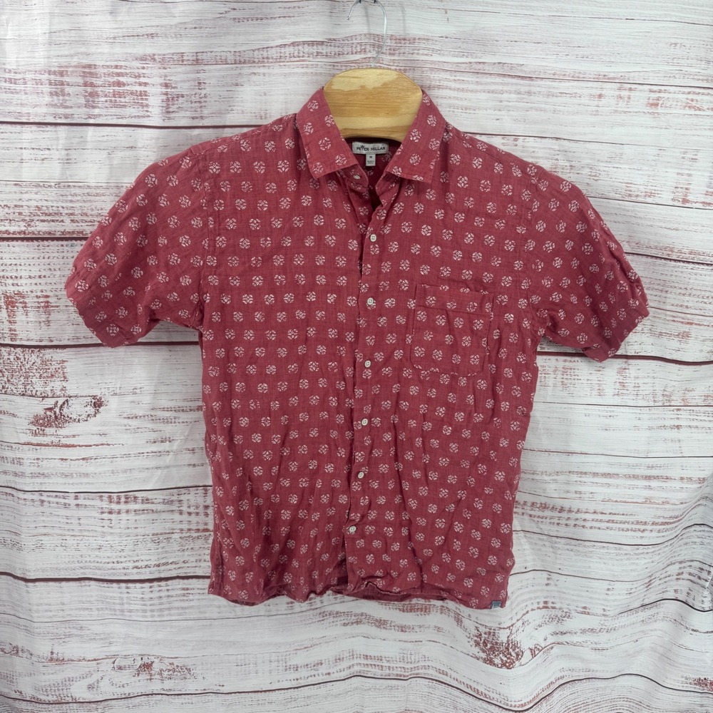 Peter Millar Shirt Mens Medium ( small ) Linen Geometric Medallion Short Sleeve
